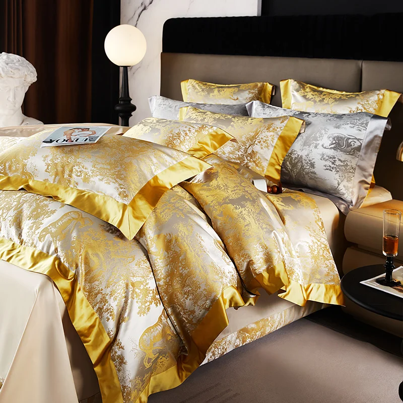 4/6Pcs Luxury Beige Gold Brocade Jacquard Egyptian Cotton Patchwork Bedding Set Duvet Cover Flat/Fitted Bed Sheet Pillowcases