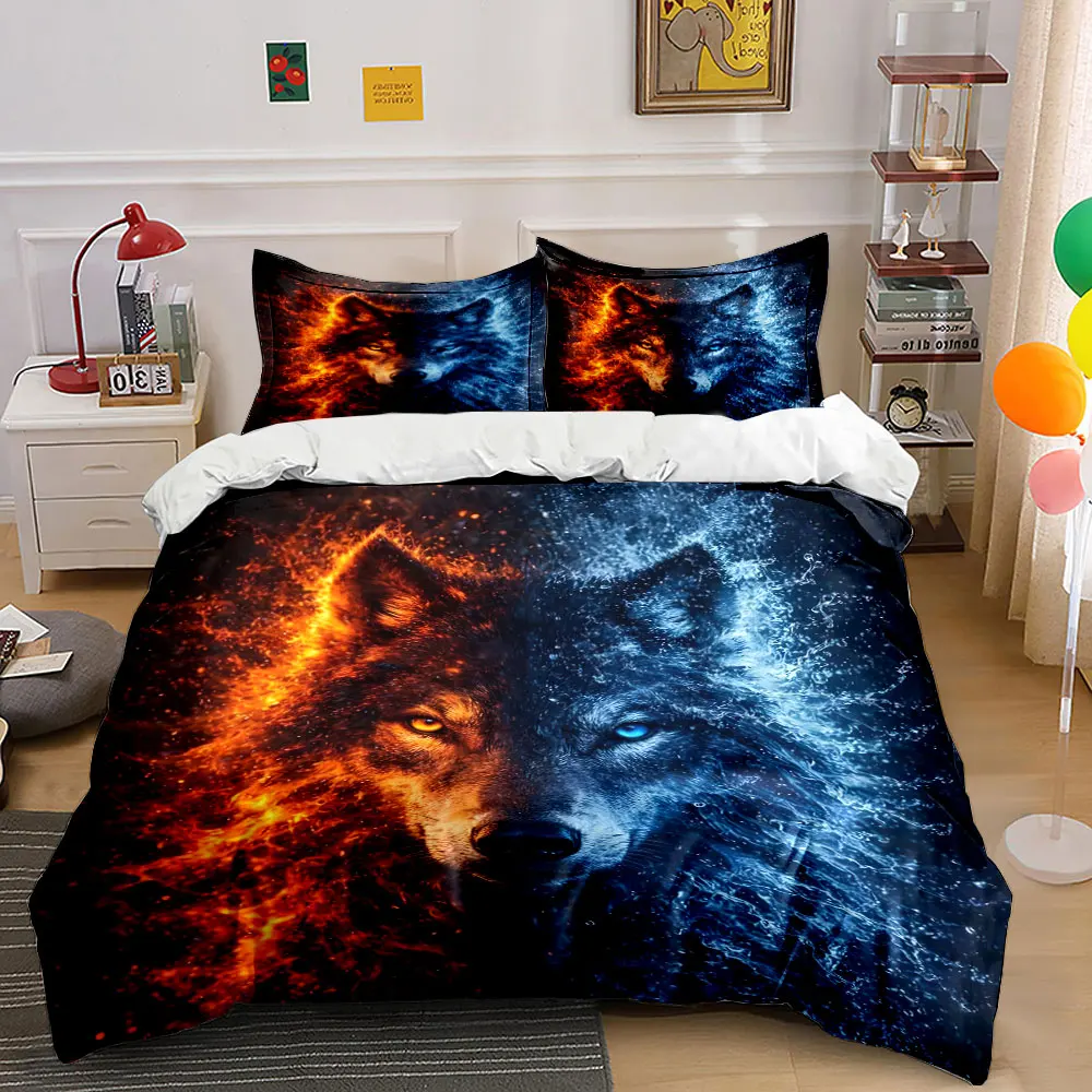Fire and Ice Wolf Duvet Cover Print Bedding Set 1 Duvet Cover 2 Pillowcases for Adult and Children Luxury Gift Full Size