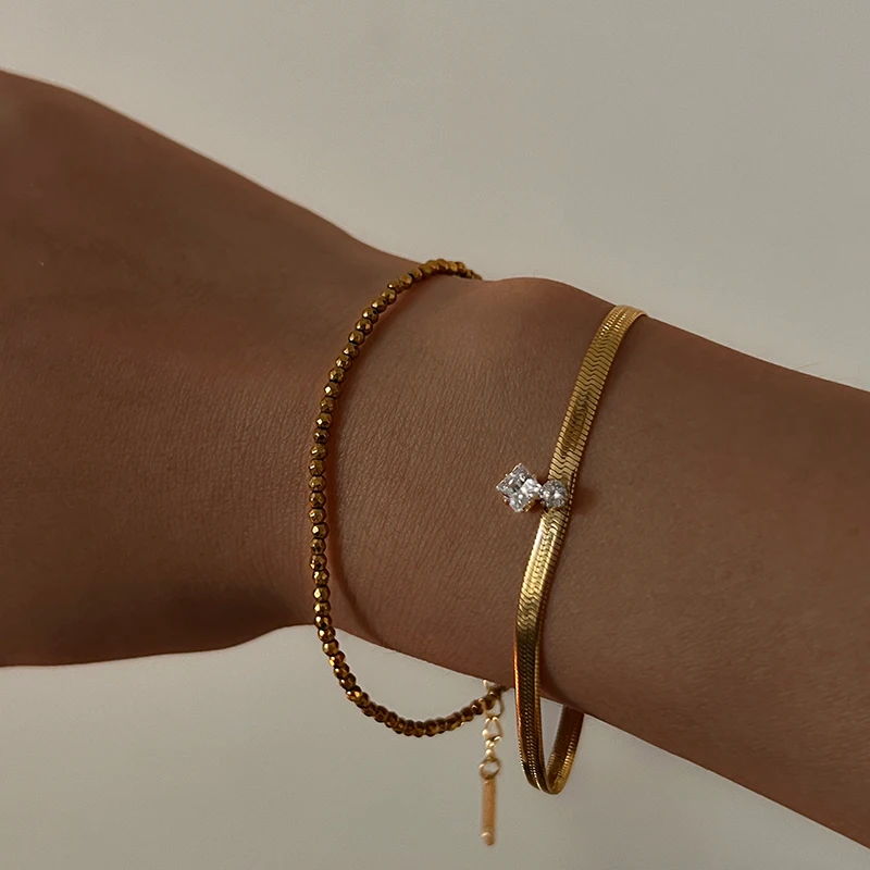 Green rhombus cz stone herringbone chain bracelet for women stainless steel dainty bracelet minimalist dainty jewelry