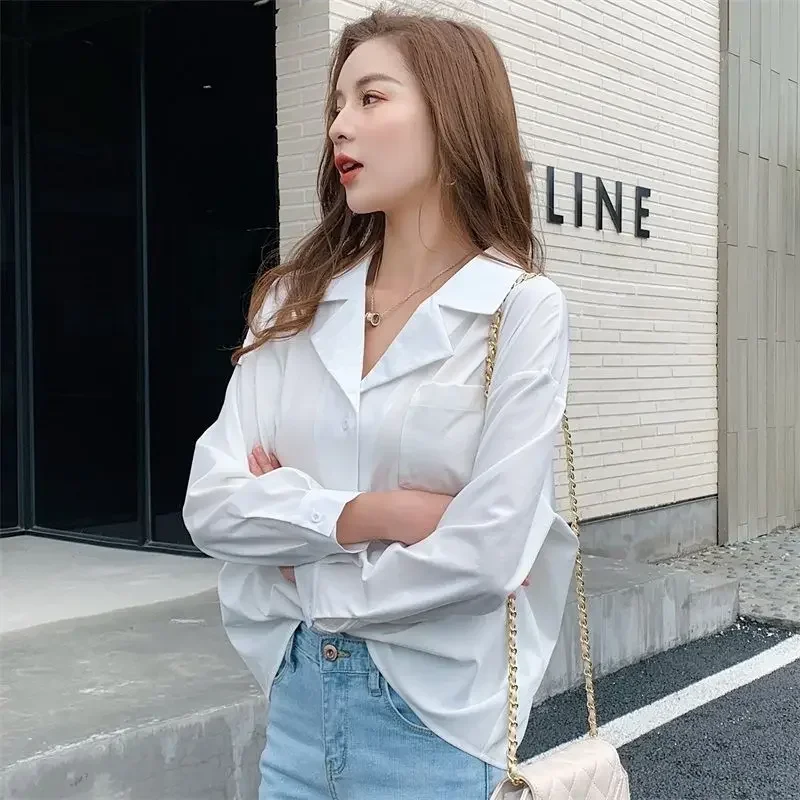 Collar Formal Clothes Office Outfits Womens Shirt & Blouse Red Loose Button Up Wear To Work Tops for Women White S Vintage Cool