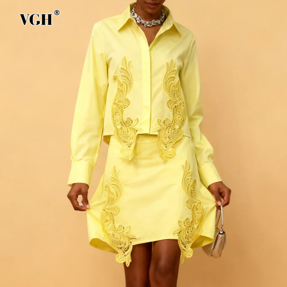 

VGH Design Sense однотонные свободные комплекты из двух предметов для женщин, топ с длинными рукавами и лацканами, юбка с высокой талией, мини-юбка, винтажный шикарный женский комплект