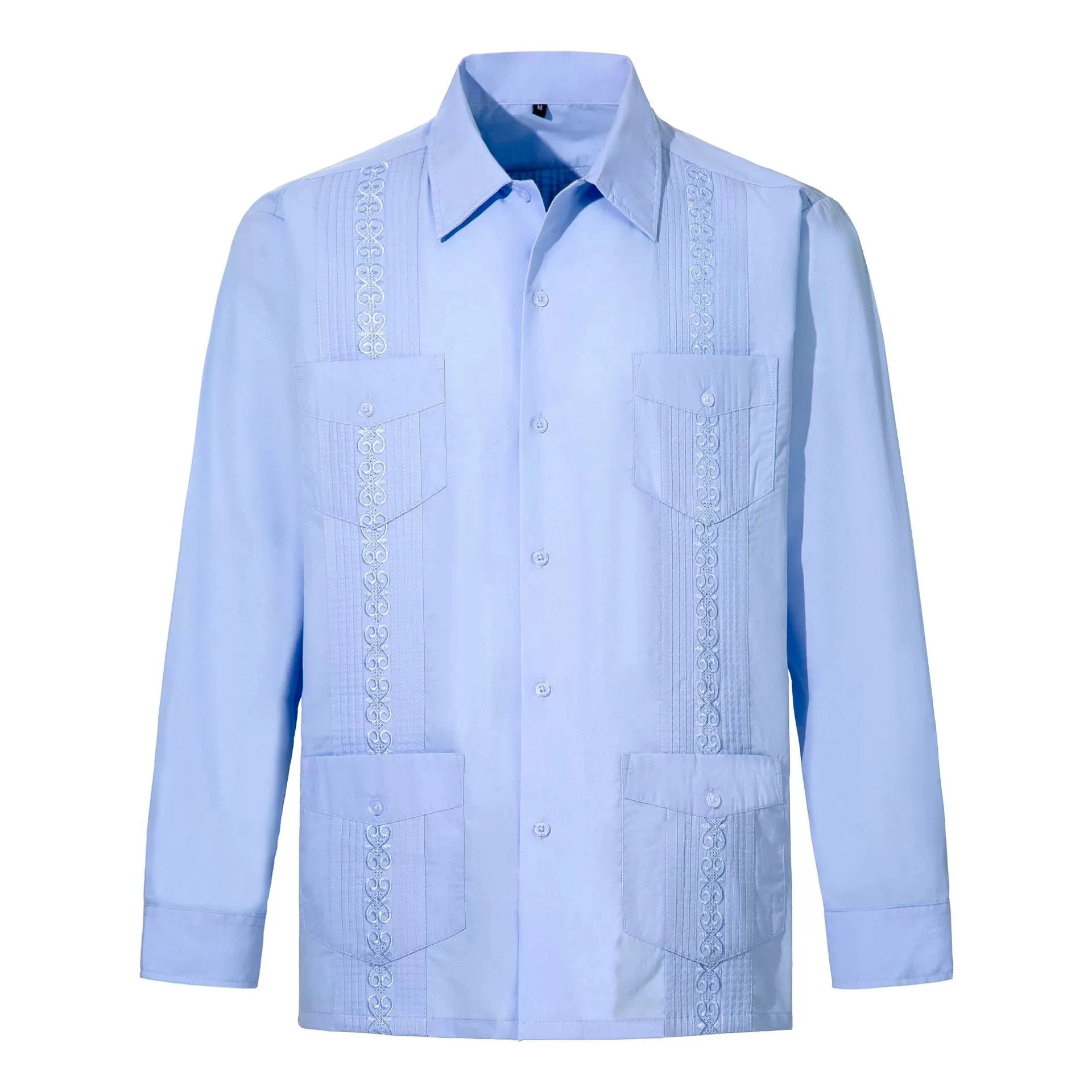 

Новинка 2026, мужские рубашки Guayabera, четыре кармана, вышитые рубашки с длинными рукавами для мужчин, синяя мексиканская кубинская классическая рубашка на пуговицах