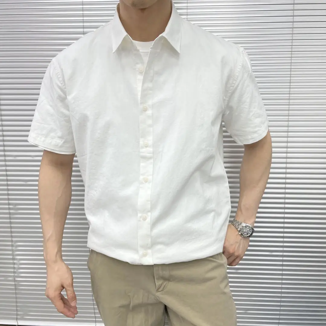 

2158 Summer New Fashion Men's Solid Color Simple Casual Short Sleeve Cotton White Shirt Teen Japan Style Basic Lapel Blouse Male