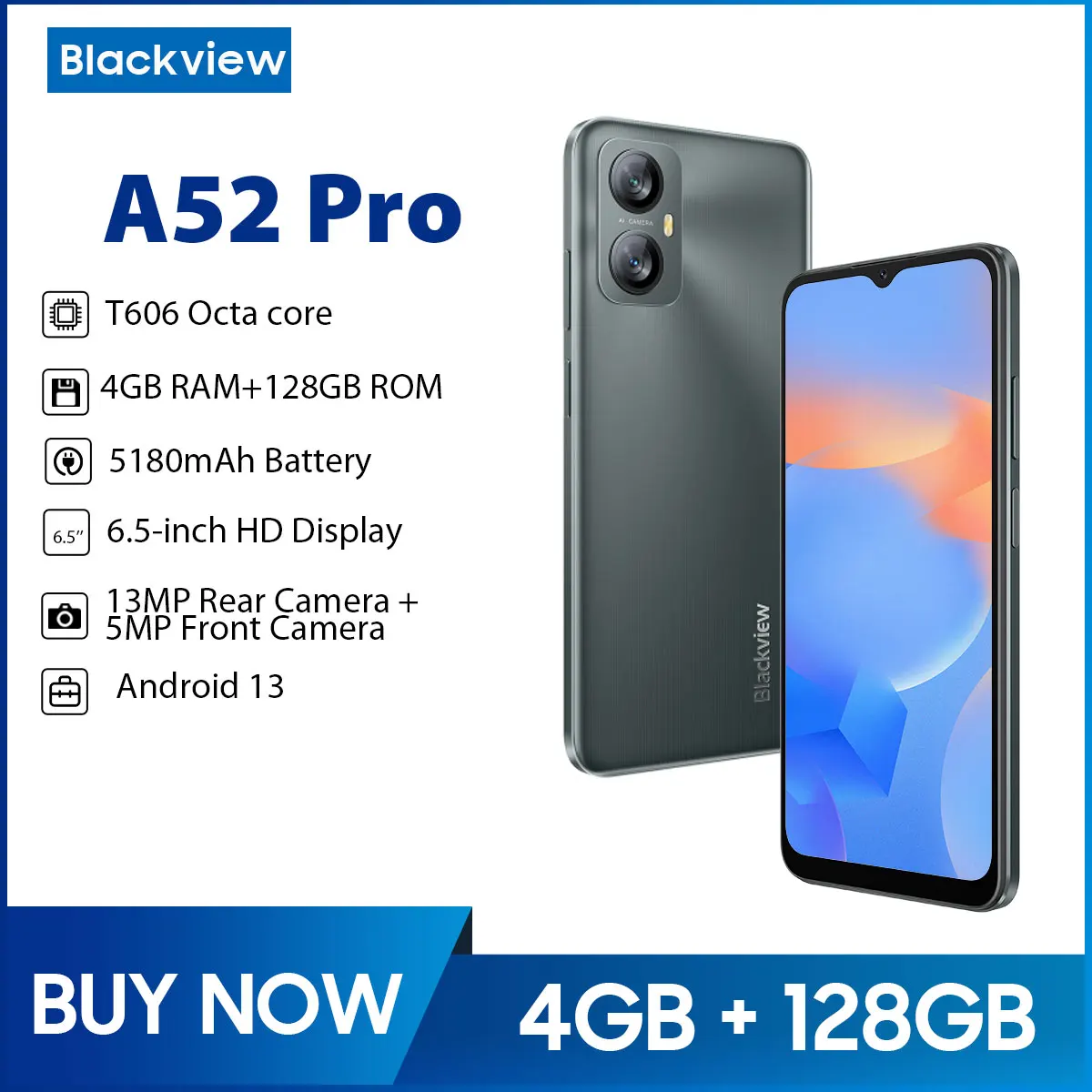 Blackview A52 Pro Smartphone 6.5 Inch Mobilephone 4GB 128GB Octa Core Android 13 Mobile Phone 5180mAh 13MP Rear Camera Dual 4G