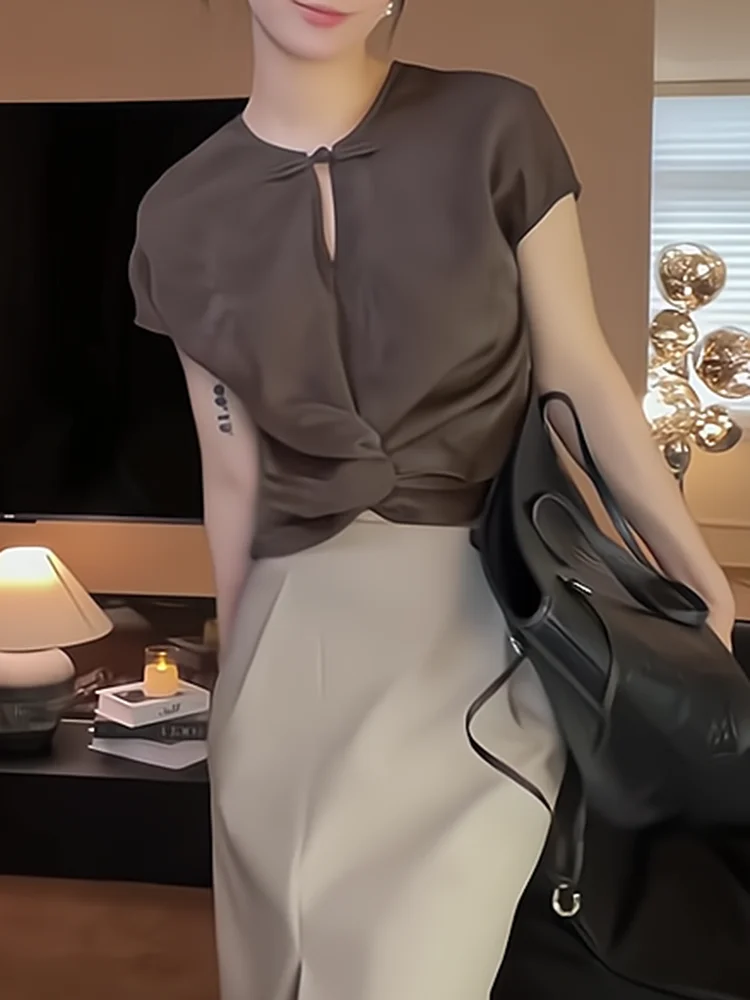 

New Chinese Sle Knot Design ort Sve ort T-irt Women's Summer Cross Versatile Small irt Commute Sle Slim Fit