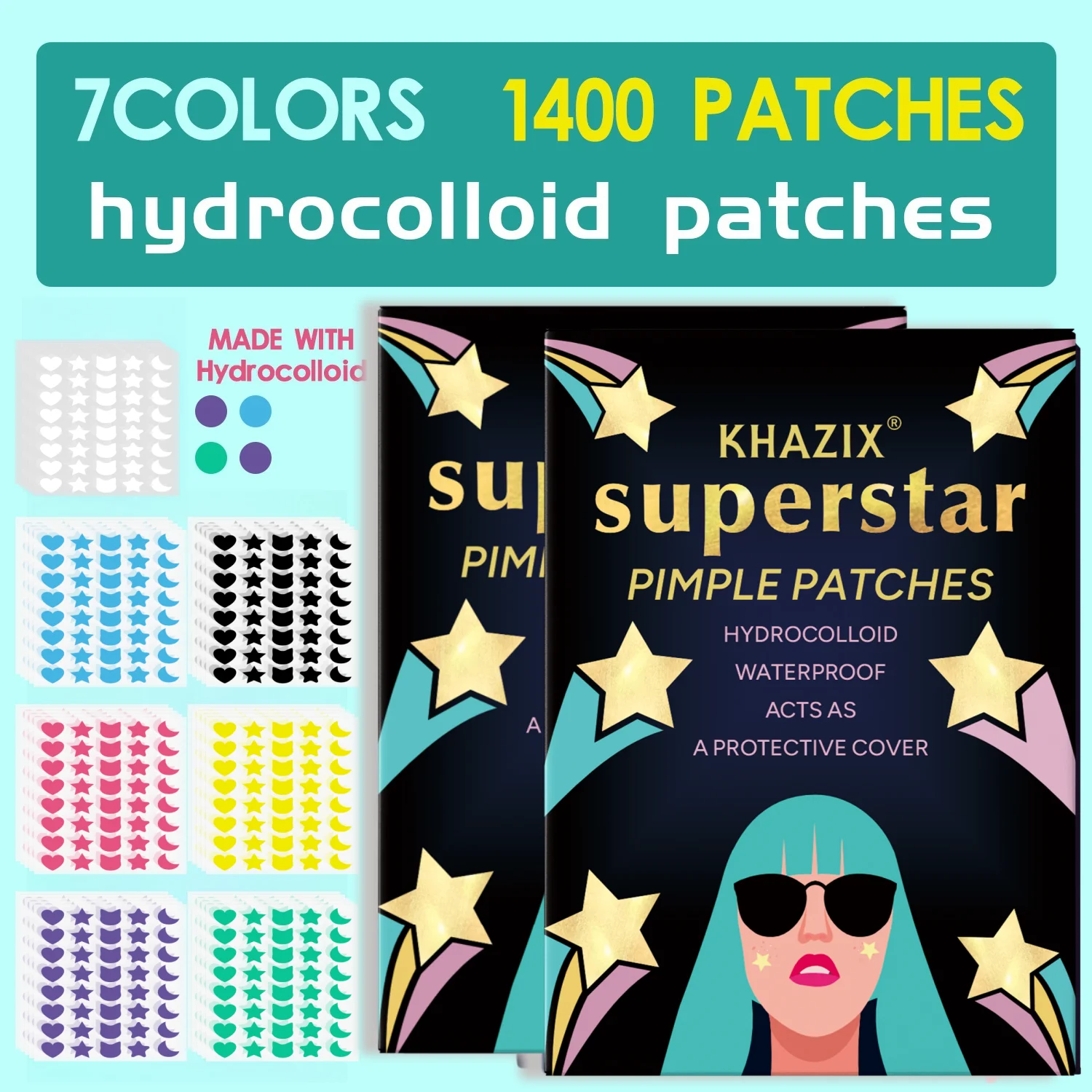 1400 قطعة من ملصقات حب الشباب المختلفة المقاومة للماء والغروانية المائية قابلة للتنفس وخفيفة وغير مهيجة، ومحمولة للارتداء على مدار 24 ساعة في اليوم