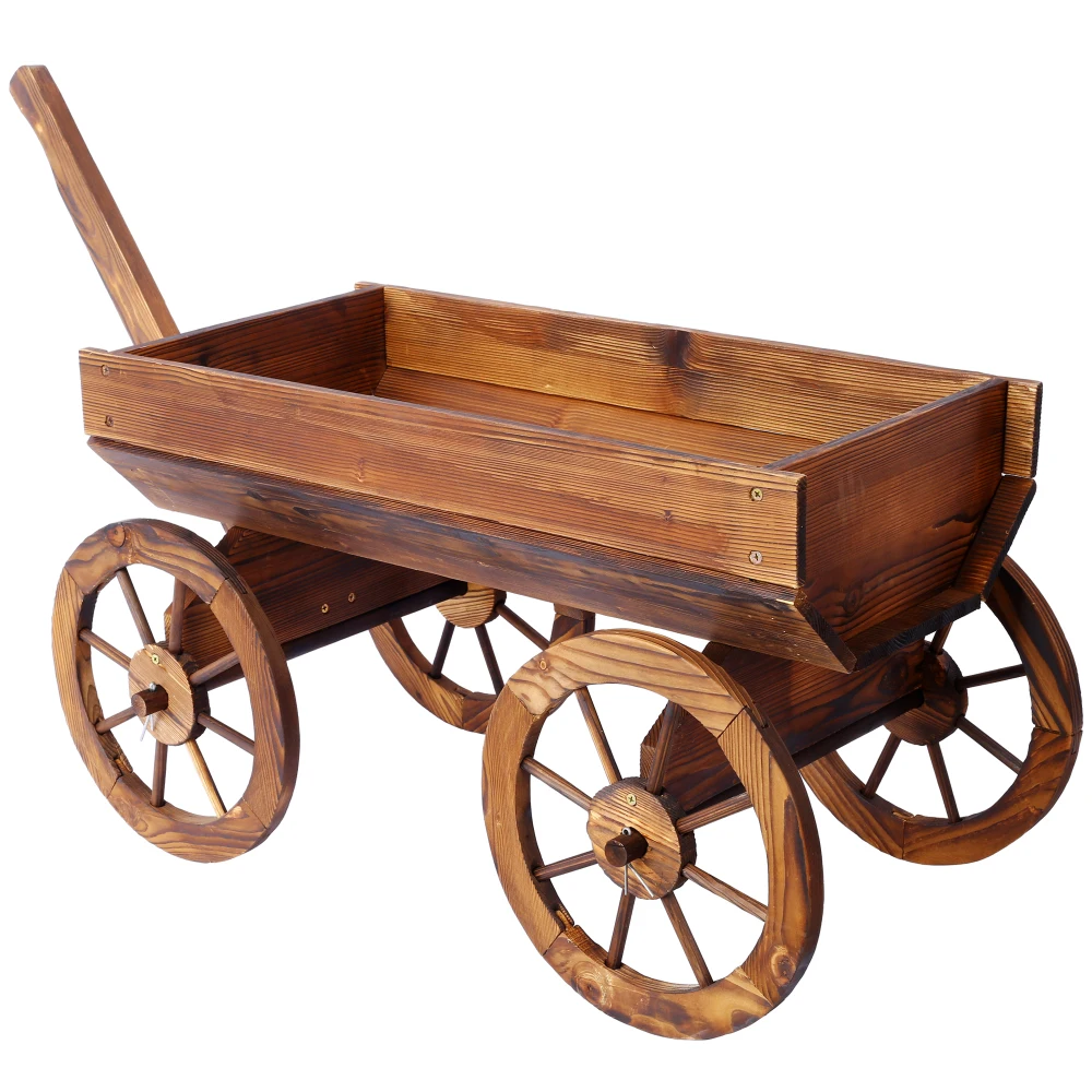 

Wooden Wagon Planter Outdoor Garden Flower Planter Pot Stand With 4 Wheels Rolling Flower Cart With Long Wood Handle