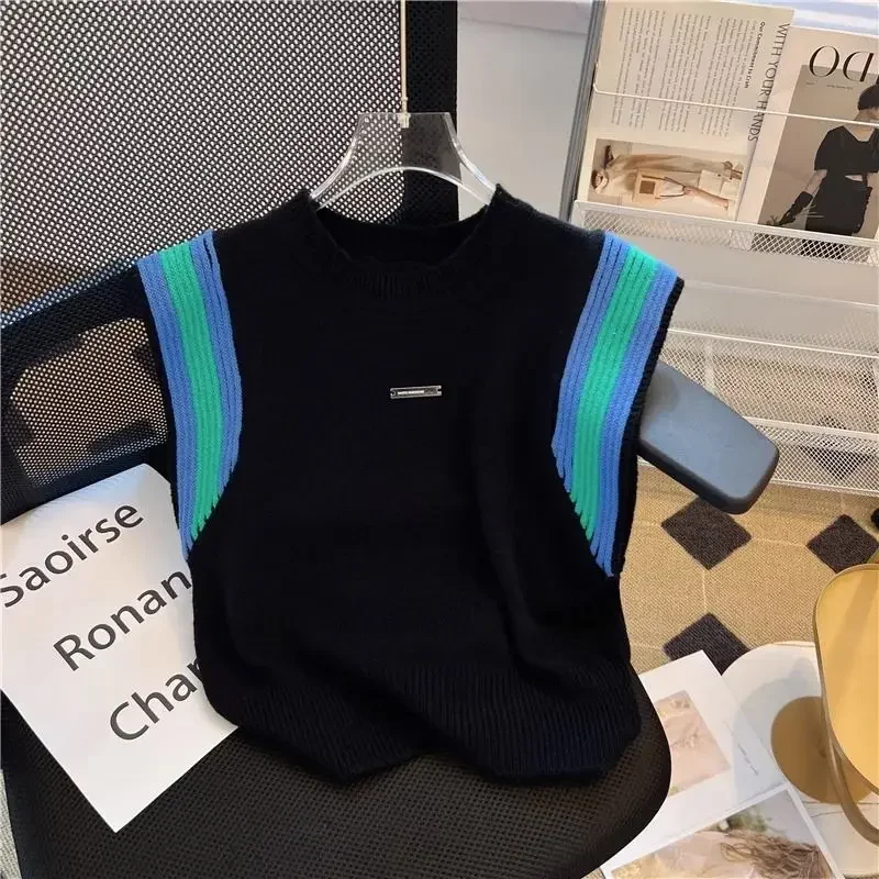 

Korean Casual Knit Sweater Vests Women 2024 Summer Sleeveless O-neck Tops Knitwear Striped Fashion Loose Ladies Jumpers Vest