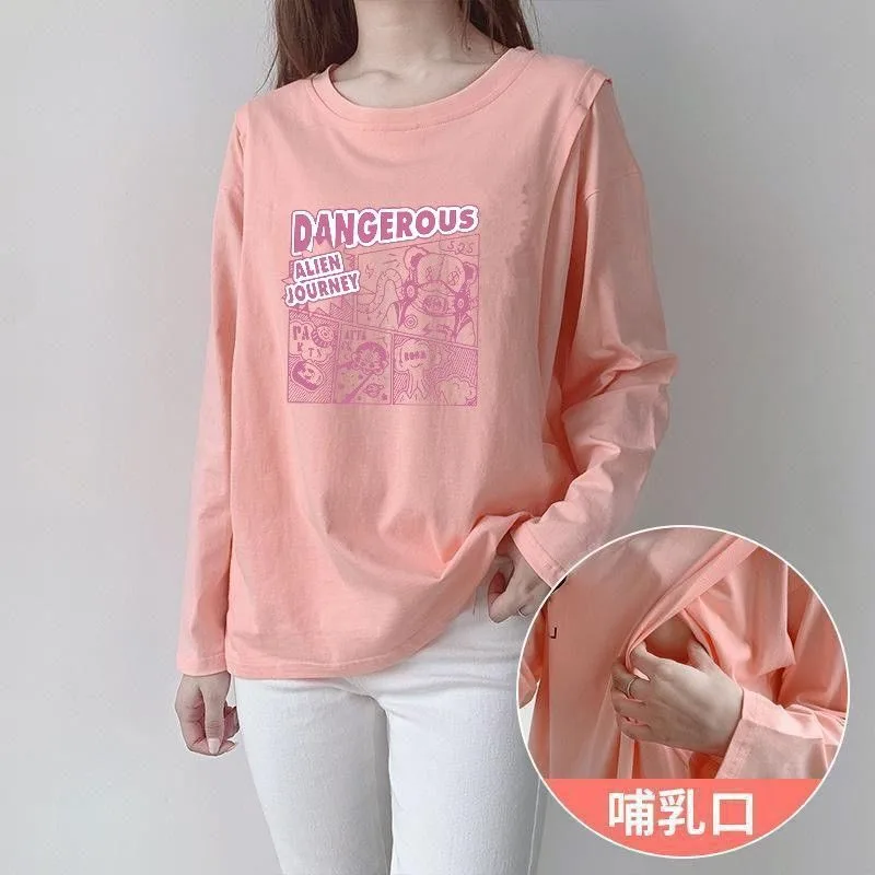 

Autumn Long Sleeve Nursing T-shirt Fashion Letters Print Maternity Cotton Lactation Clothes Postpartum Woman Breastfeeding Tees