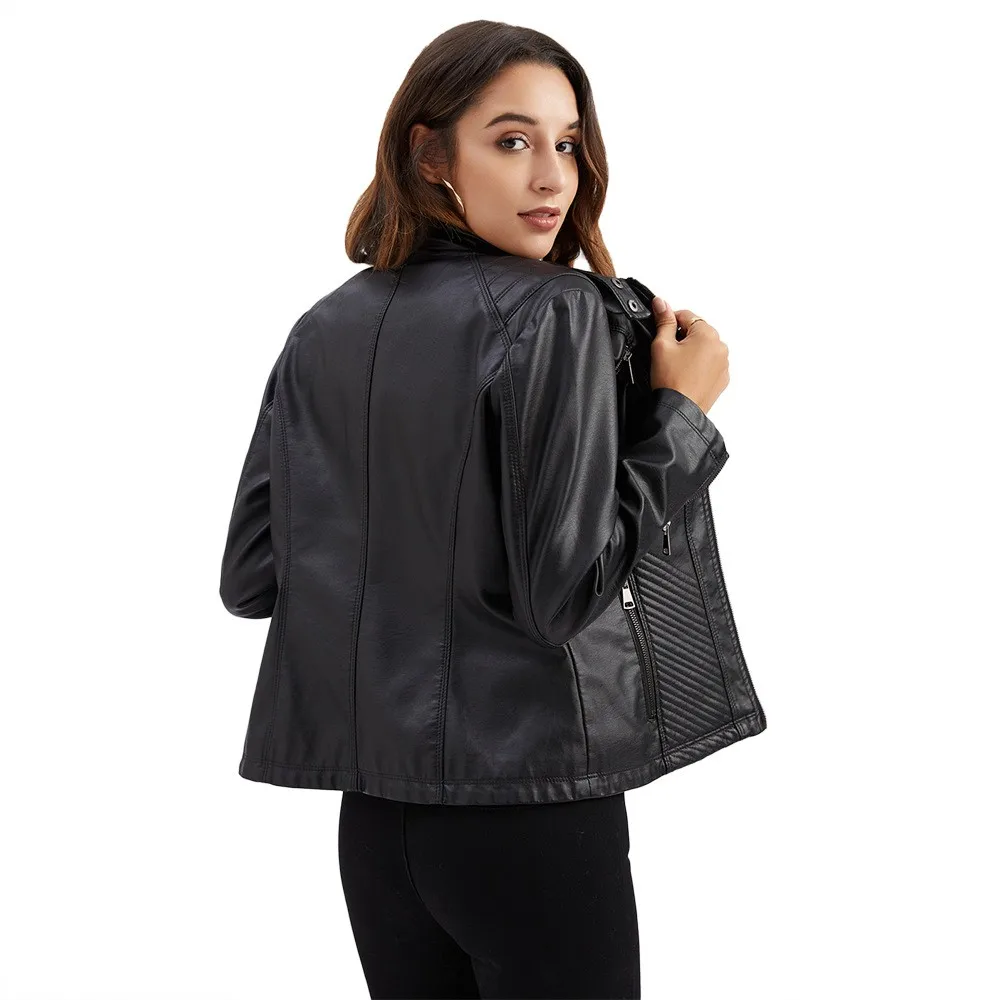 Women's Stand Collar Slim Fit PU Jacket Long Sleeve Zipper Closure Solid Color Wrinkle-Free Spring Autumn Women's Outerwear