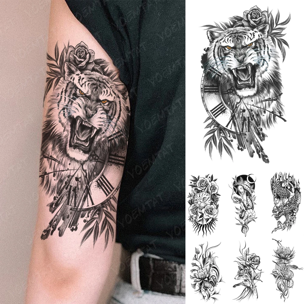 

Waterproof Temporary Tattoo Sticker Forest Tiger Clock Women Men Arm Body Art Lion Flowers Leaf Festival Fake Sleeve Tattoos