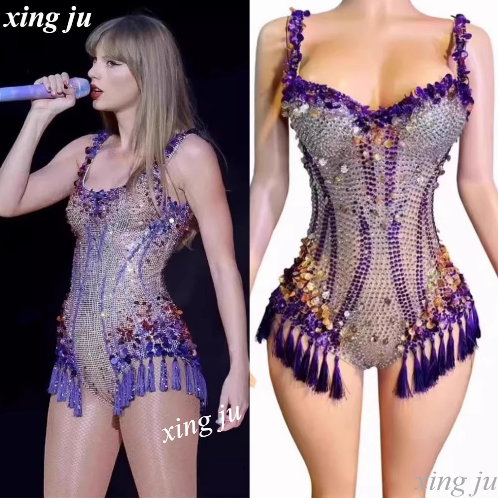 

Women'S DJ Group Pole Dancing Sexy Purple Sequined Tassels Rhinestones Elastic Jumpsuit Stage Performance Clothes Rave Costume