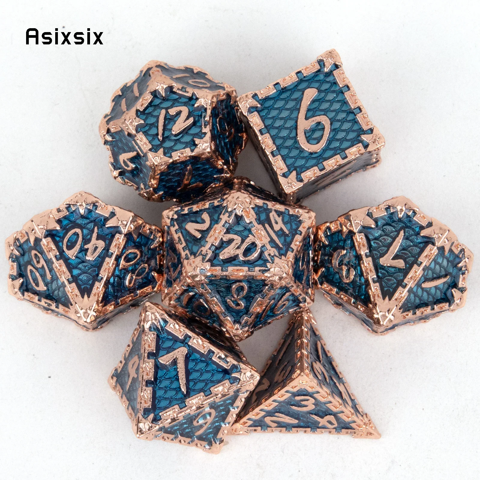 

7 Pcs Golden Green Fish Scale Metal Dice Solid Metal Polyhedral Dice Set Suitable For Role-Playing RPG Gift Card Game