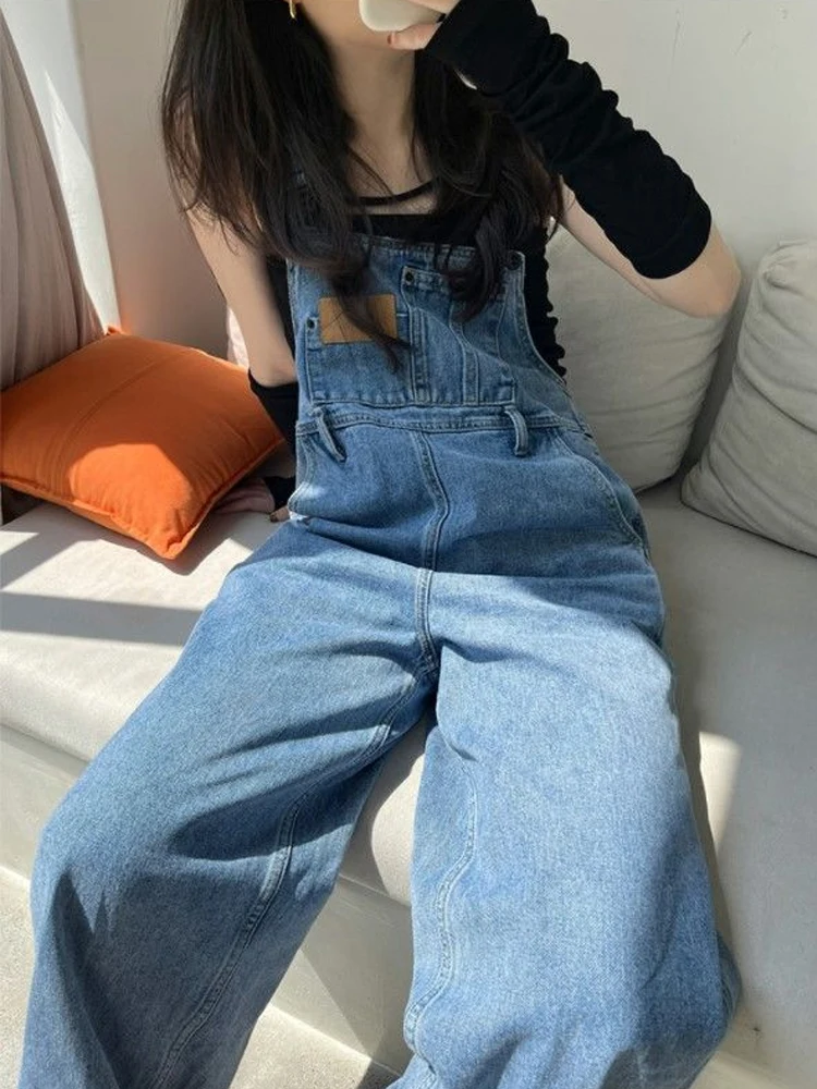 Vintage Baggy Jean Jumpsuits Women High Waist Denim Overalls Korean Style Loose Wide Leg Trousers Female