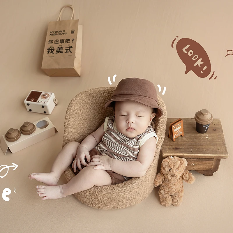 Newborn Baby Summer Clothing Breathable T-shirt Shorts Hat 3Pcs/set Baby Photography Prop Coffee Cup Bear Toy Studio Accessories