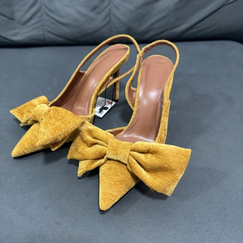 

Yellow Velvet Pointed Toe Bow Mule High Heels Fashion Women Shoes