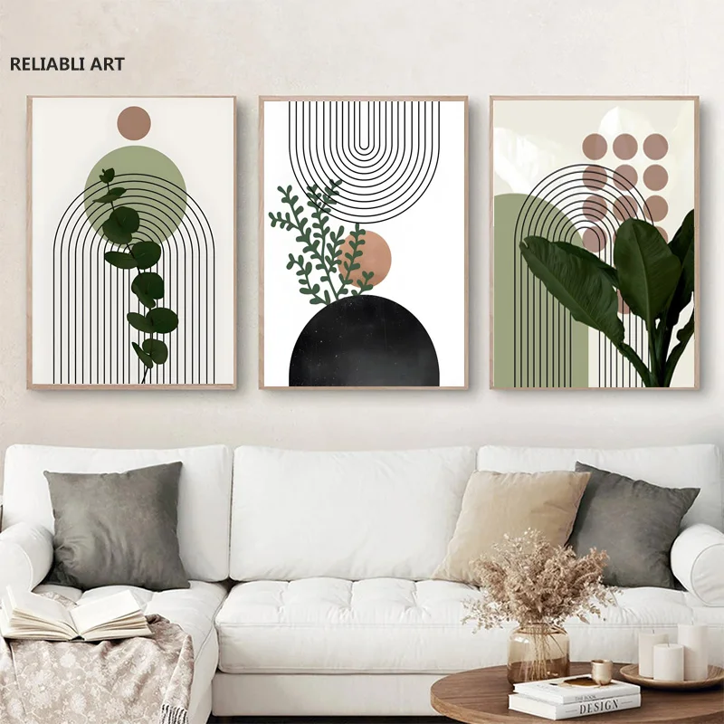 

3pcs Modern Boho Art Canvas Painting Posters Abstract Green Plants Leaf Sun Lines Wall Prints Pictures Living Room Decor Gifts