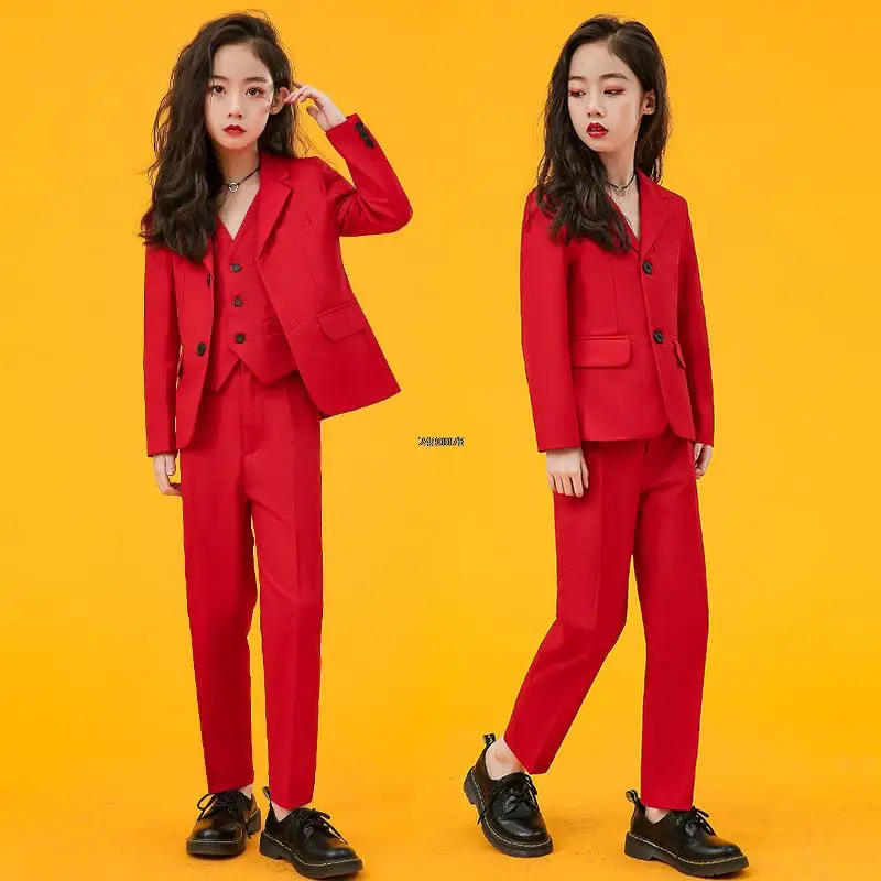 Girls Luxurious Red Photograph Suit Kids Wedding Party Dress Teenager School Performance Suit Children Piano Dance Show Costume