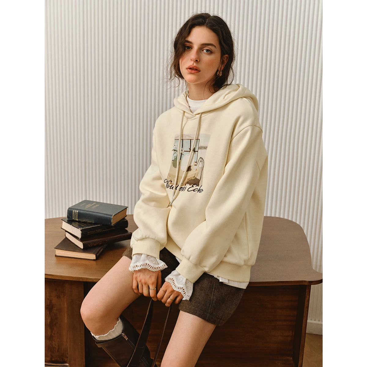 OLrain Women's Casual Hooded Sweatshirts 2025 Autumn New in Long Sleeve Loose Fun Print Tops Knitted Female Pullover O57QR001101