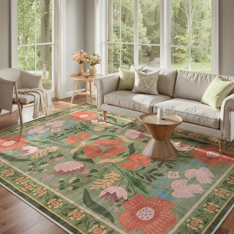 

Living Room Carpet Non-slip Washable Soft Bedroom Floor Mat Bohemian Style Floral Large Size Home Decoration Rug Alfombra 거실 카펫