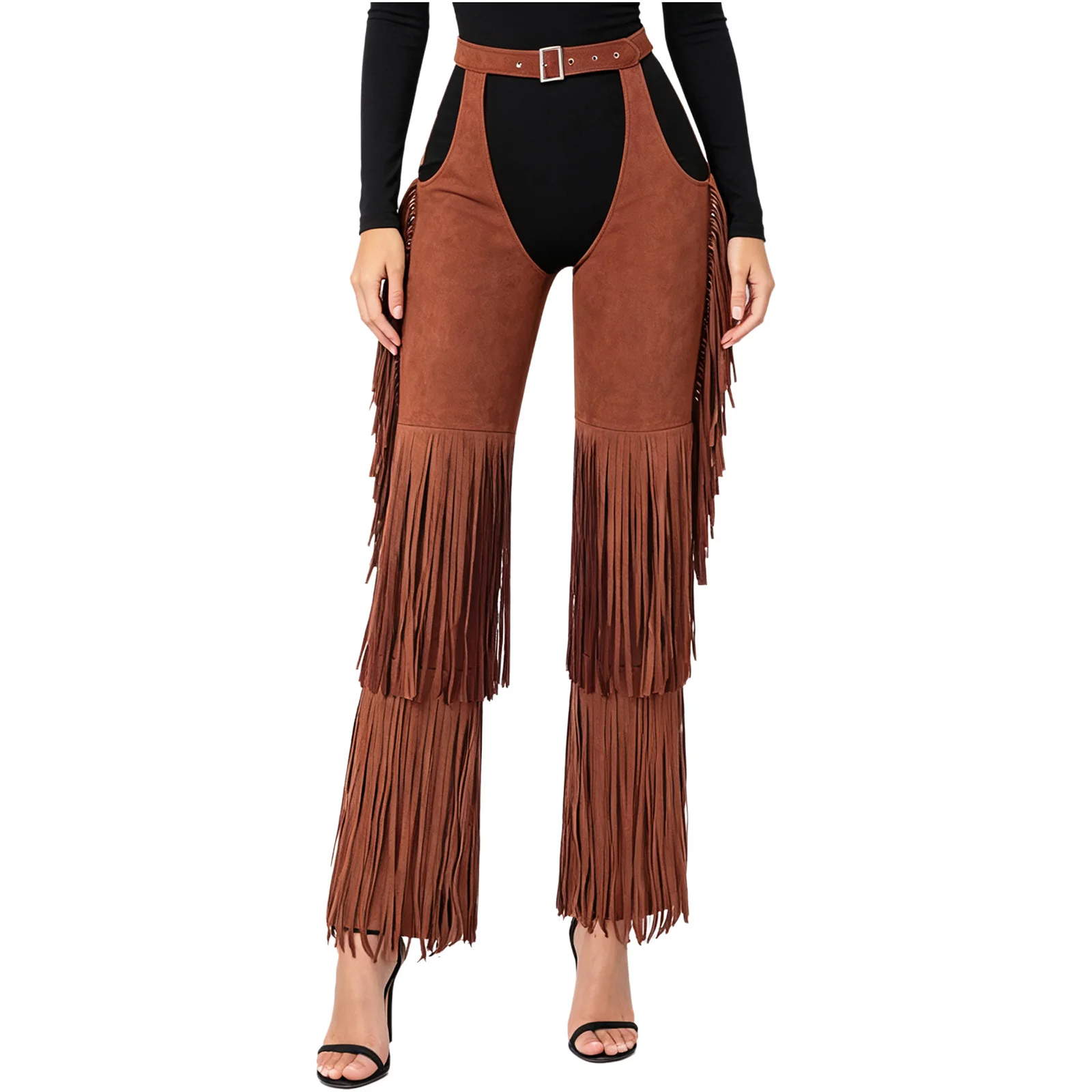 Women Cowboy Equestrian Show Fringed Pants Tiered Tassel Chaps Wide Legs Trousers for Trick Vacation Photography Cowgirl Pants