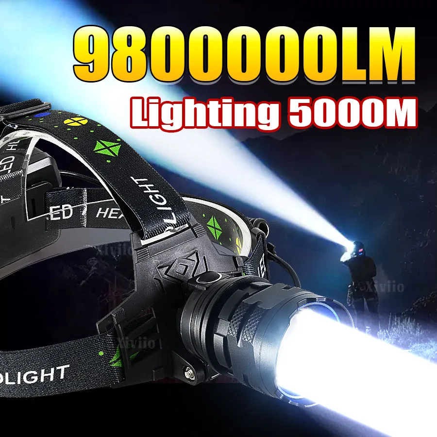 9800000LM Most Powerful Headlamp 5 Modes Headlight Head Lantern Front Light Type-c Rechargeable LED Fishing Head Flashlight
