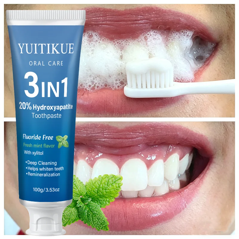 YUITIKUE Mint Hydroxyapatite Remineralizing Toothpaste 3 Functions Fluoride Free Xylitol Deep Clean Stains Brighten Yellow Teeth