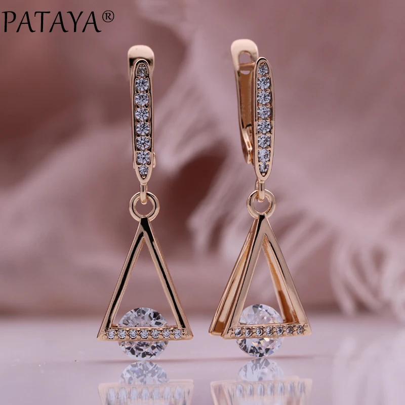 PATAYA New 585 Rose Gold Color Long Pendant Earrings For Women Micro Wax Mosaic Natural Zircon Daily Simple Fashion Jewelry 2022