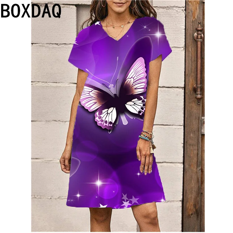 3D bunte Schmetterling gedruckt Kleid große Größe Frauen V-Ausschnitt Kurzarm Freizeit kleid Sommer neue tägliche lässige vielseitige Kleid