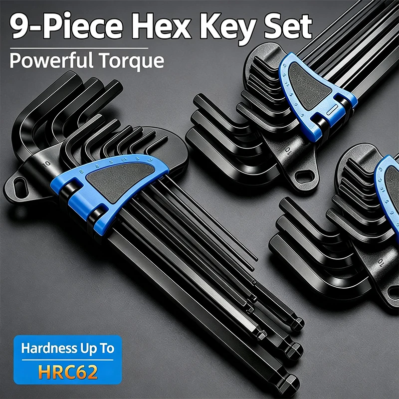 9Pcs Hex Key Set Ball End Allen Wrench CR‑V Steel 1.5‑10mm L‑Shape Hexagon Spanner Hand Repair Tool