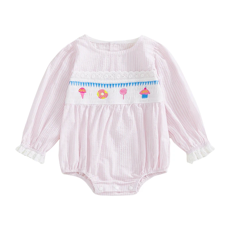 Baby Girl Birthday Romper Dessert Embroidered Striped Lace Trim Long Sleeve Round Neck Spring Jumpsuit