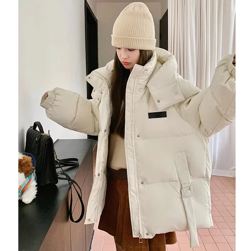 Solid Color Down Jacket Women Hooded Coat Stand Collar Fashion American Streetwear Duck Down Feather Female Winter Short Outwear