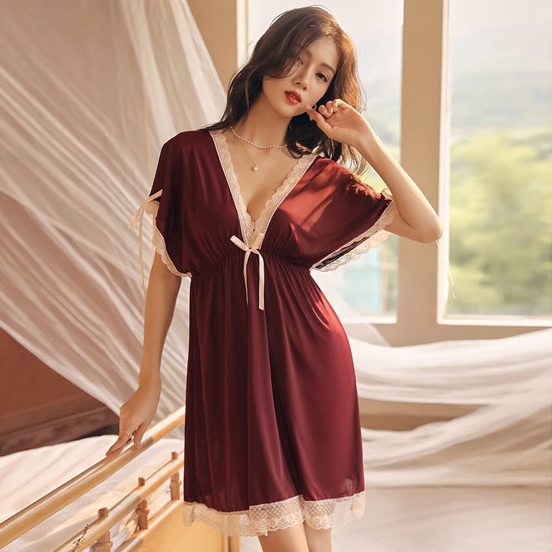 

Мягкая женская кружевная ночная рубашка, сексуальная ночная рубашка большого размера с короткими рукавами и глубоким v-образным вырезом, идеально подходящая для летней одежды для дома
