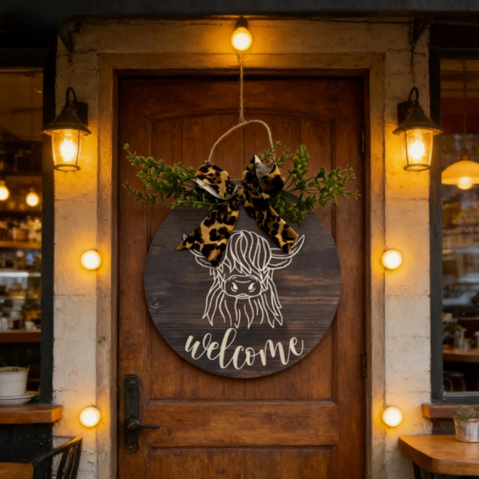 Retro Highland-Cow Door Plaque 30cm with Leopard Bowknot and Eucalyptus Decor for Home Wall Art