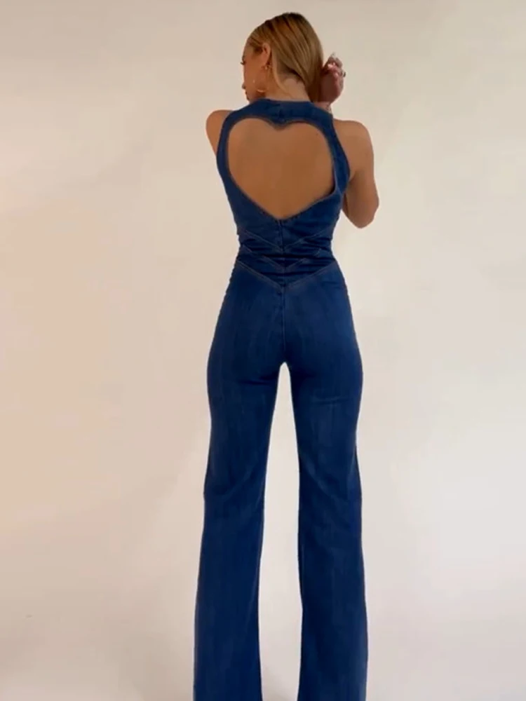

Denim Elegant Jumpsuit Women Zipper Heart Backless High Waist Straight-Leg Streetwear Trend Skinny Workout Overalls