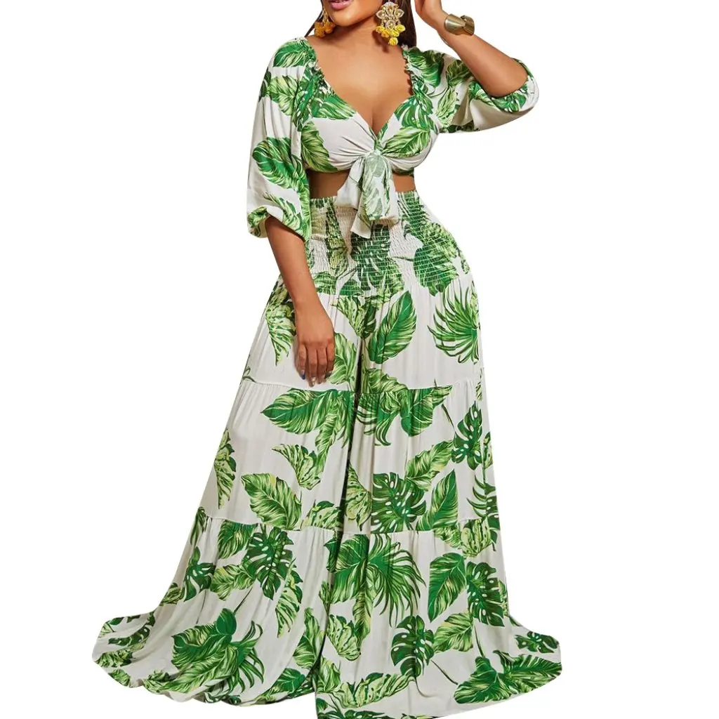 

C8469 Повседневный комплект из двух предметов с v-образным вырезом и бретельками, топ, широкие брюки, костюм с принтом в европейском и американском стиле для женщин