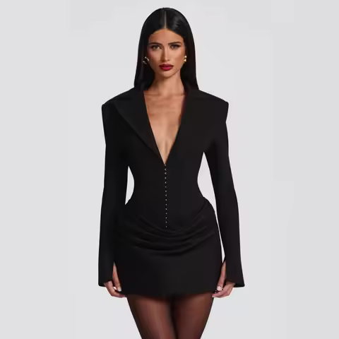 Strong Shoulder Blazer Dress for Women Winter Belted Waist Dress Draped Hem Business Evening Dress Party 2026 New