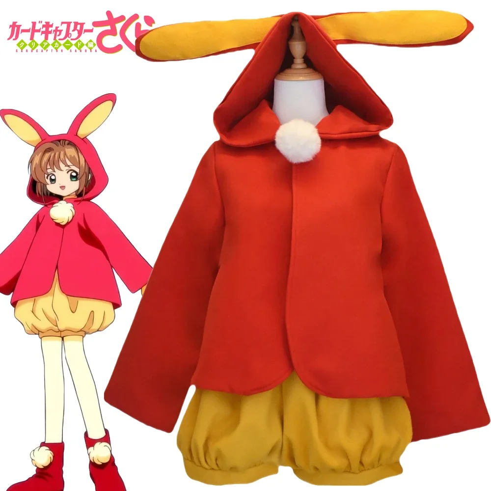 

Anime Card Captor Sakura KINOMOTO SAKURA Cosplay Costume Women Top Coat Shorts Cute Rabbit Combat Suit Uniform Christmas Clothes