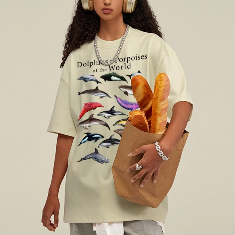 

Dolphin Graphic Print Acid Wash Top Tee Shirt Oversized Unisex Vintage Washed Women T Shirts Luxury Brand Street Hip Hop Clothes