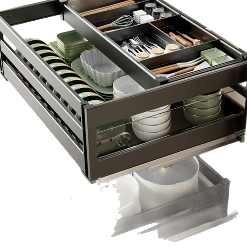 

Multifunctional dishes seasoning double-layer aluminum alloy drawer type pull baskege bowl basket seasoning