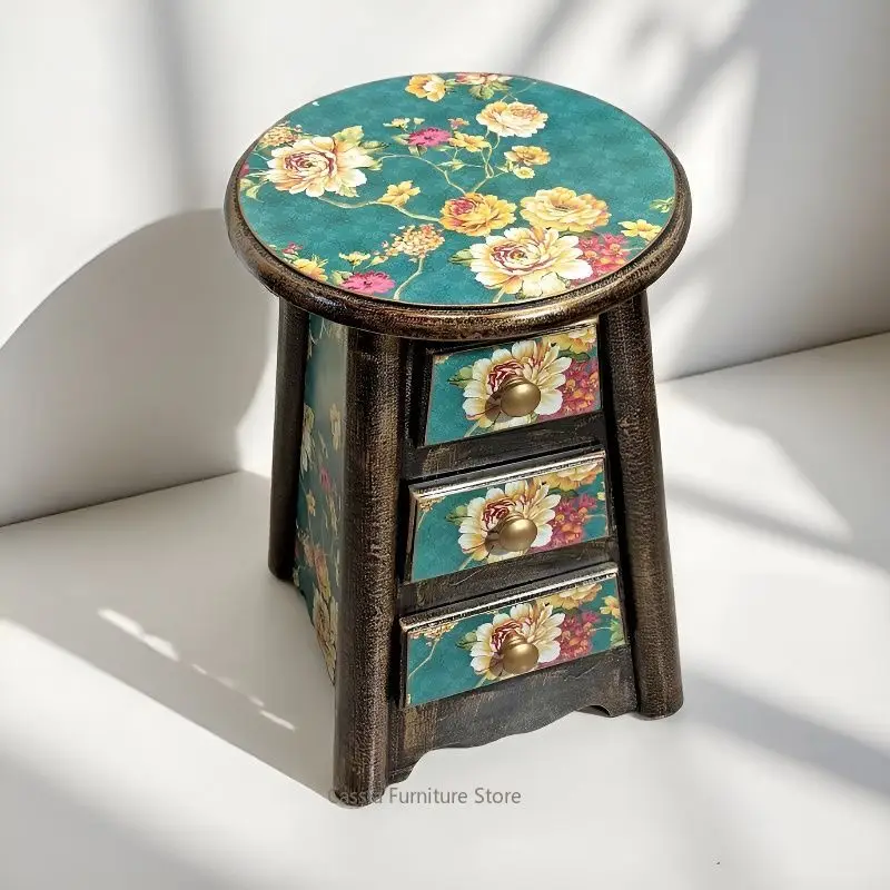 New Vintage Floral Storage Bench with Drawers, High-End Solid Wood Vanity Stool, Durable Upholstered Ottoman for Bedroom Home