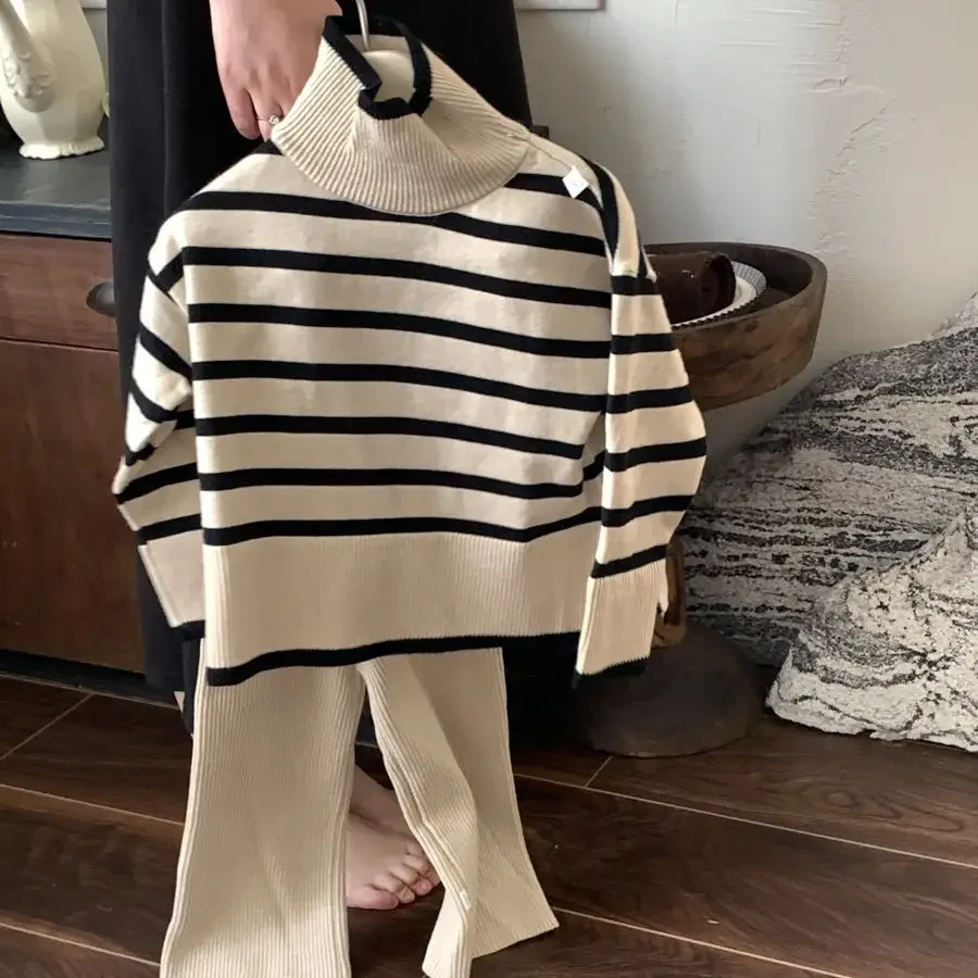 Childrens Sets Korean 2024 Autumn New Striped Woolen Set High Neck Sweater Slim Fit Wide Leg Pants Winter Pullover