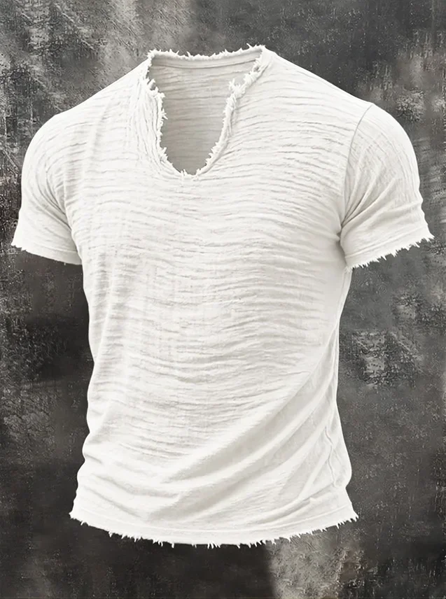 Herren T-Shirt mit V-Ausschnitt, kurzem Arm, ausgefranster Optik, faltiger Textur, 100% Baumwolle, einfarbig, minimalistisch, lässig, für den Alltag. – Detail 4