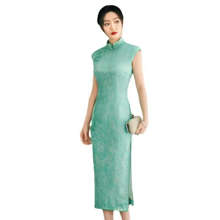 High Quality High-End Real Silk Cheongsam Qipao Long Improved Sleeveless 2024 New Dress Young Lady