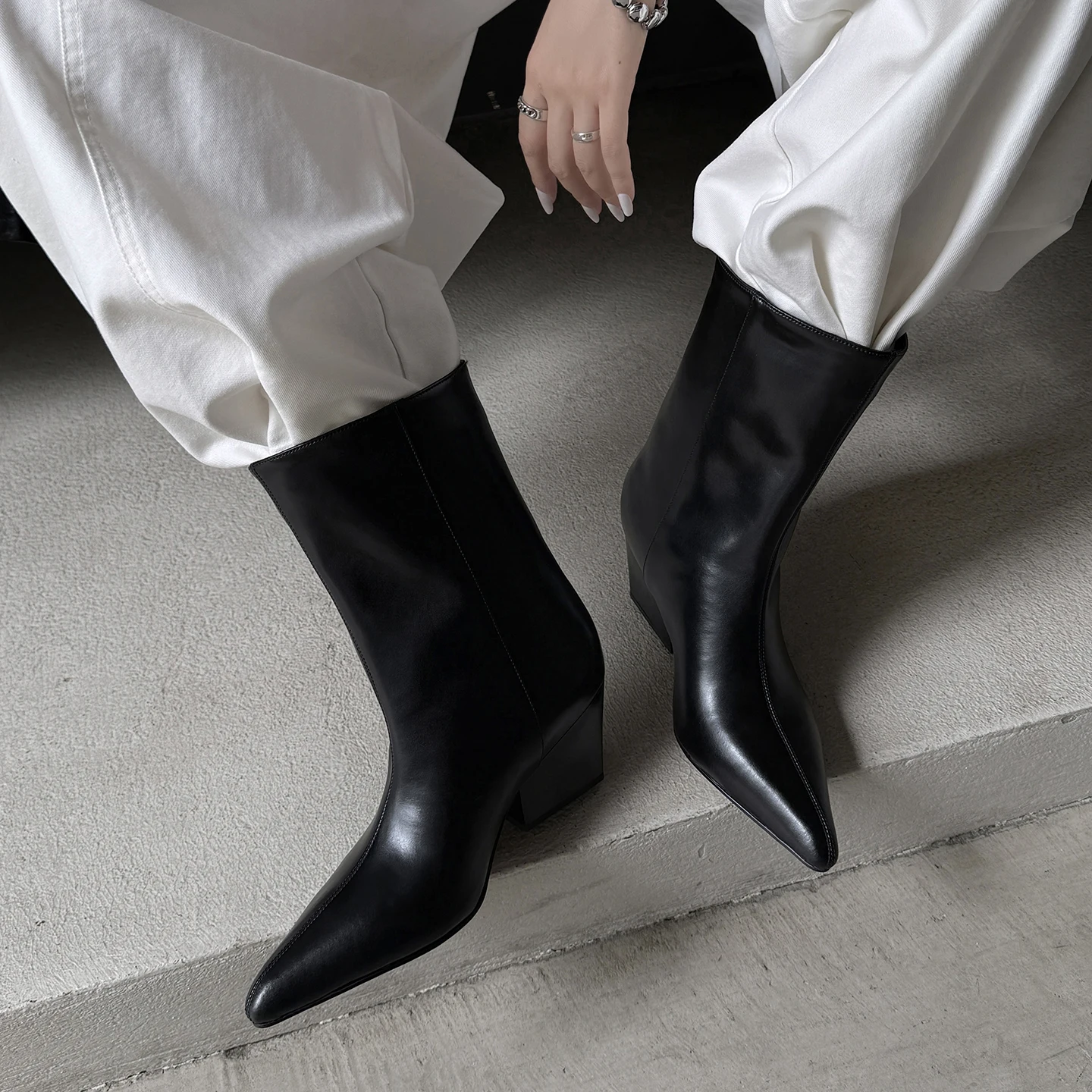 2026 new autumn winter women mid-calf boots 22-25cm split leather+fabric+pigskin pointed toe high heel women modern boots