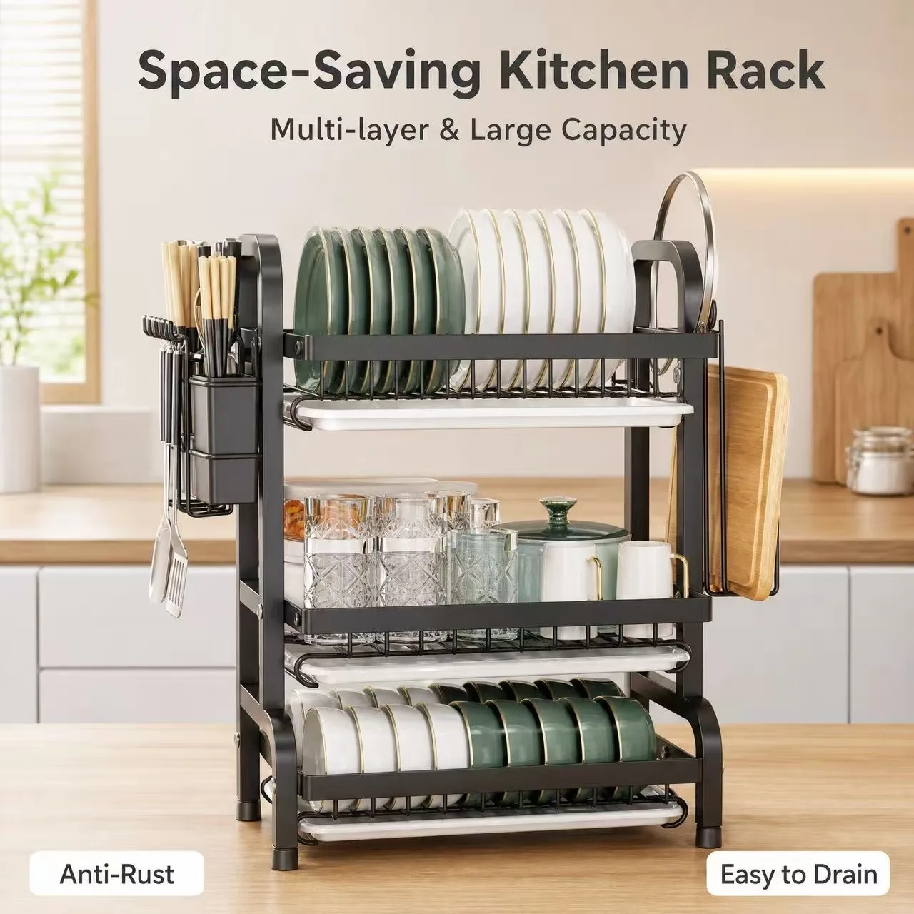 2/3 Tier Dish Drying Rack, Kitchen Counter Dish Drainer with Cutlery & Cutting Board Holder