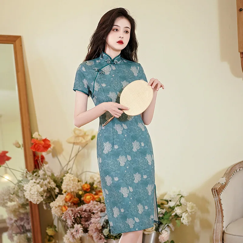 

Spring and Summer New Cheongsam Fashion Dress Retro Large Size Blue Women's Performance Style