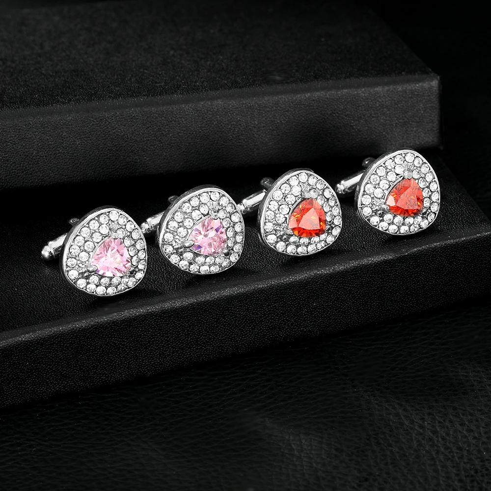 Mens Luxury Red Pink Ziron Triangle Cufflinks Full Crystal Paved Sleeve Button For Suit Tuxedo