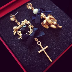 Baroque Asymmetrical Vintage Cross Pearl Pendant Earrings For Women Lady Crsytal Heart Angel Ear Rings Classic Long Earring
