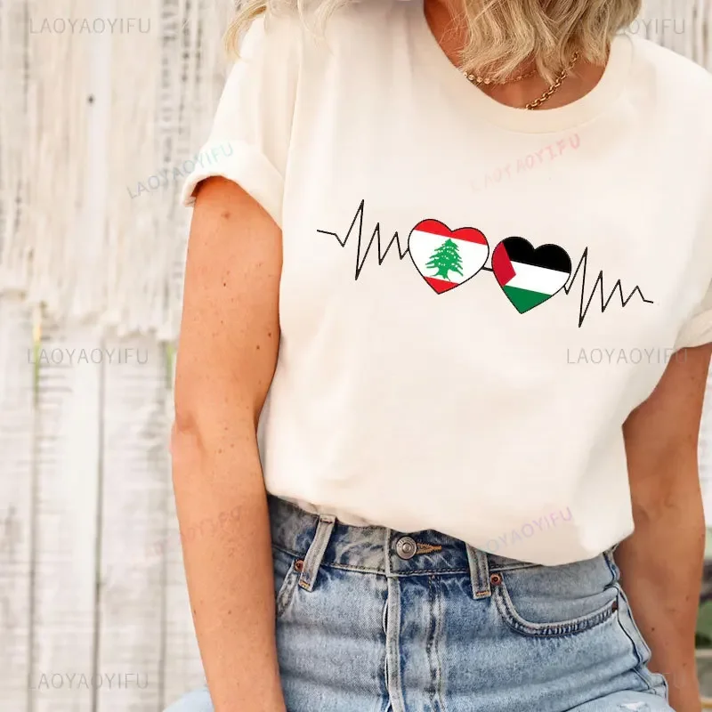 

2024 Fashion Lebanon Palestine Flag T Shirt Lebanese Palestinian Unity Heartbeat Tshirt High Quality Cotton Short-sleev Man Tee